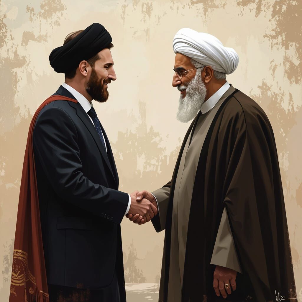 Messi and Khomeini Handshake in Realistic Style
