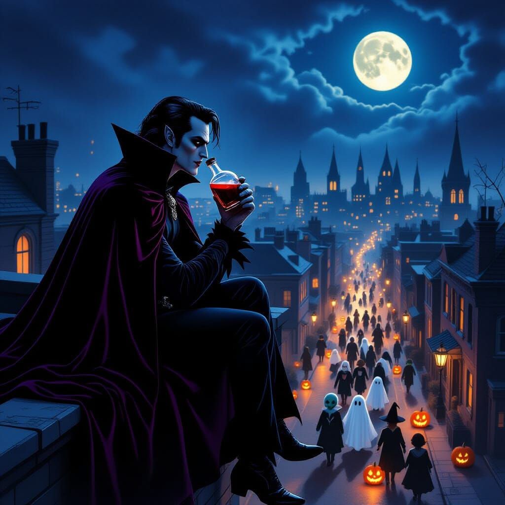 Gothic Vampire Overlooks Halloween Street Scene