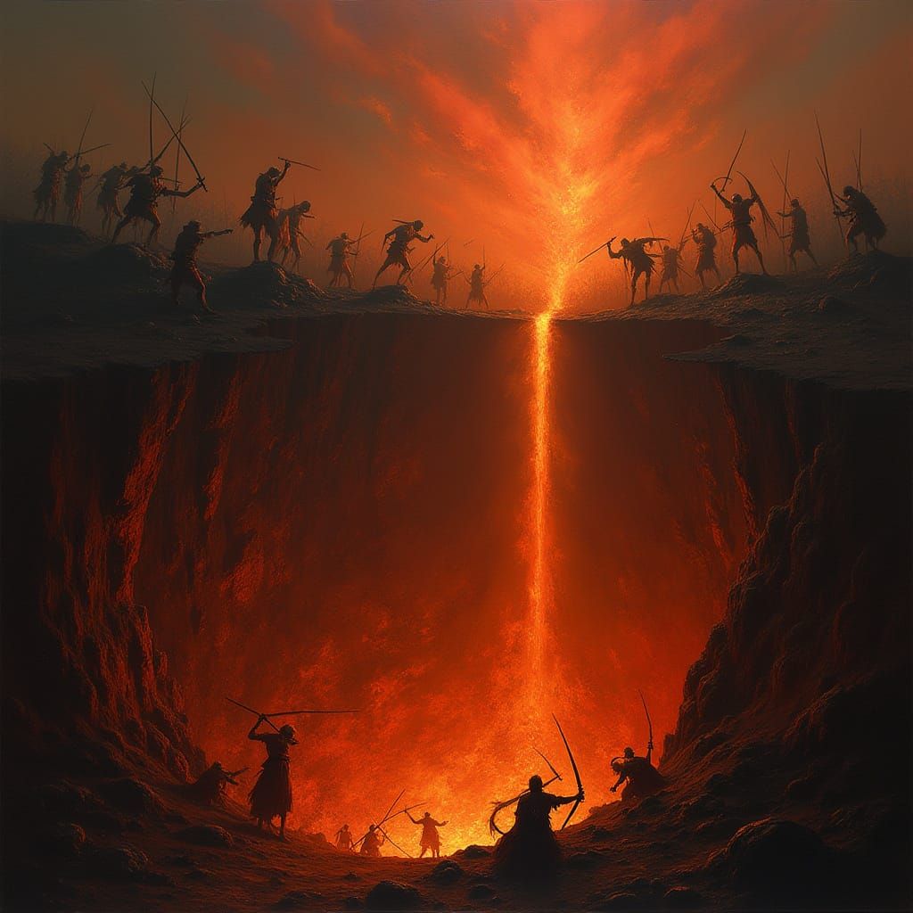 Warriors Engaged in Bloody Conflict by Fiery Pit in a Dantea...