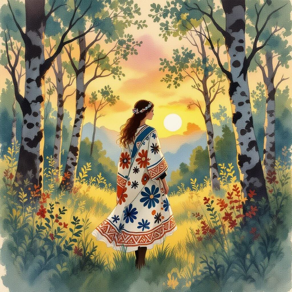 Woman in Forest Clearing, Watercolor Ink-and-Wash Painting