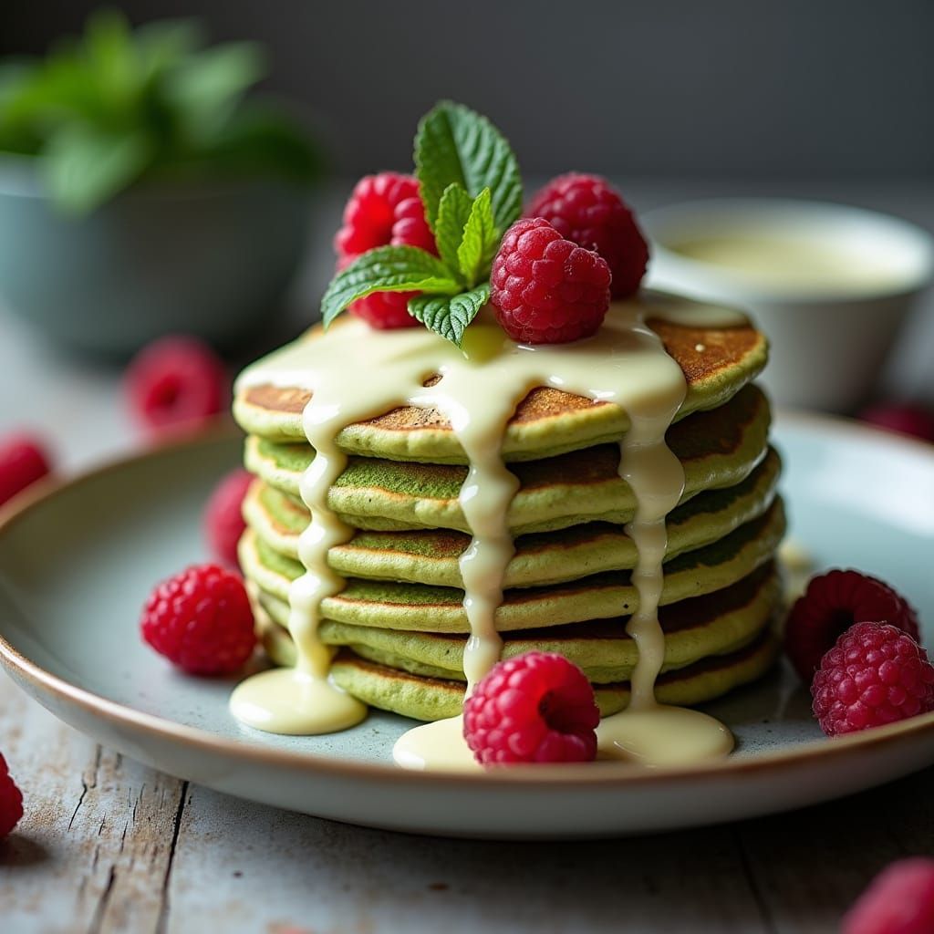 Delicate Matcha Pancakes with White Chocolate and Fresh Frui...