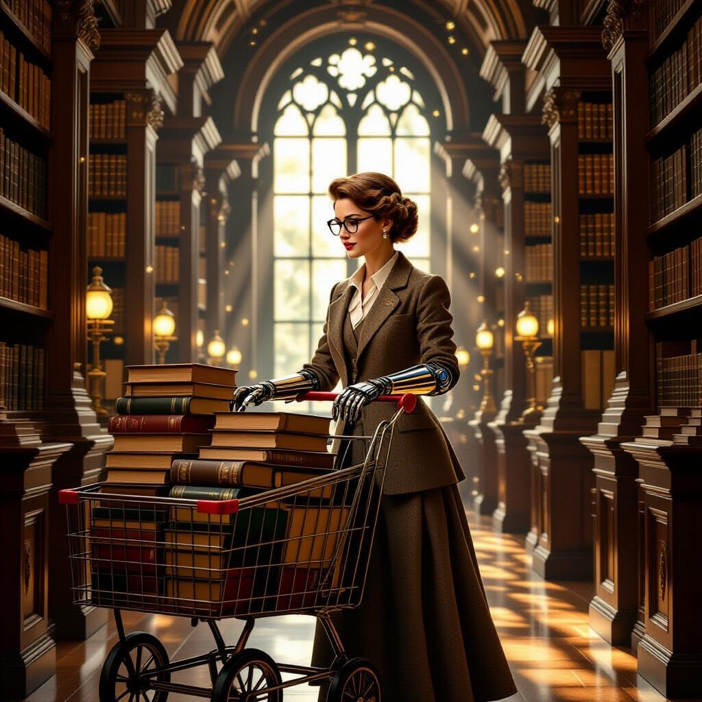 Librarian with Neurotech Arms Pushing Antique Book Cart