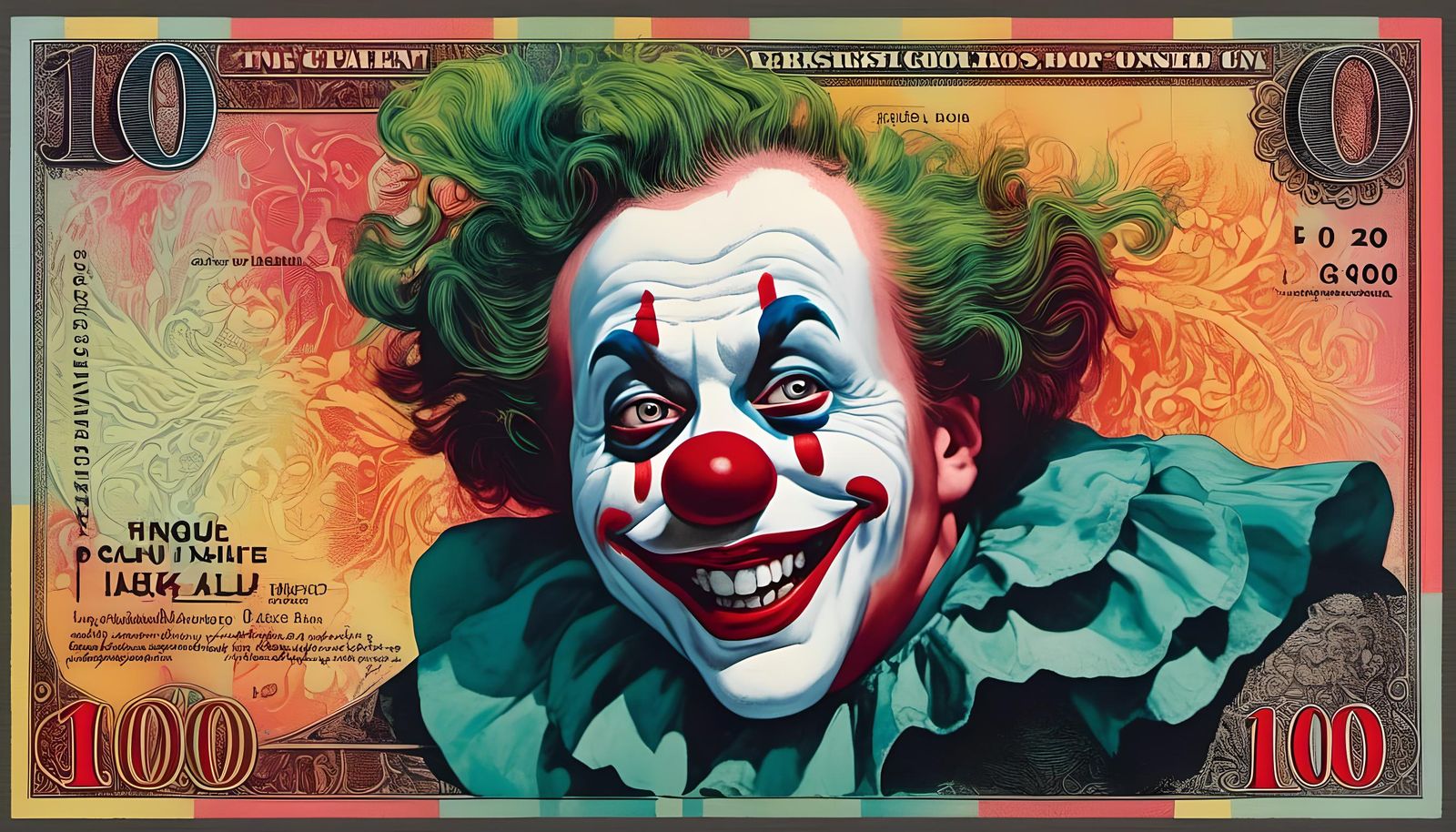 Colorful Clown Portrait on 100 Pound Note