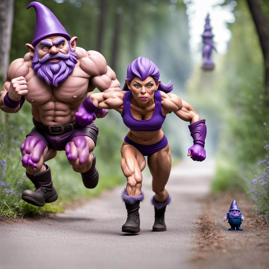 Muscular Woman Chasing Purple Gnome
