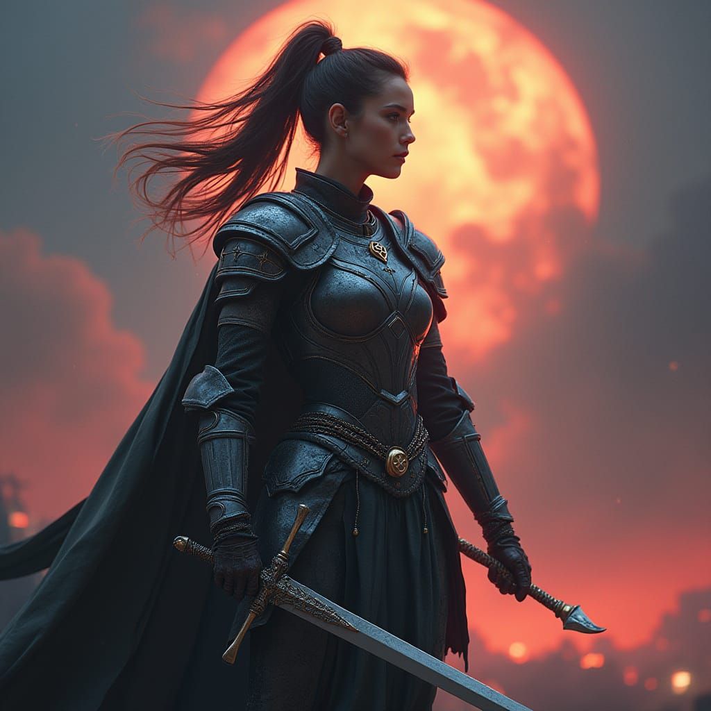 Female Sword Master in Cyberpunk Dystopian Landscape