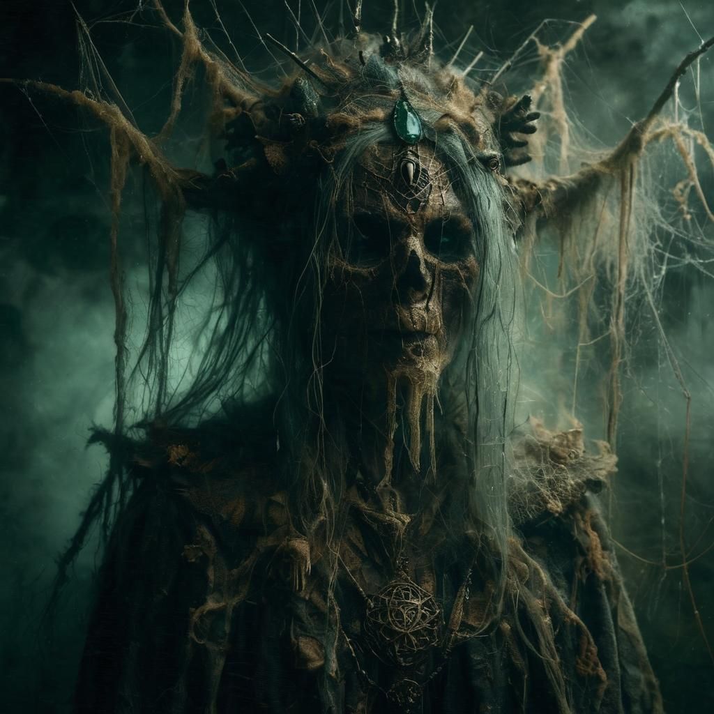 Eerie Queen-Shaman Portrait in Misted Swamp