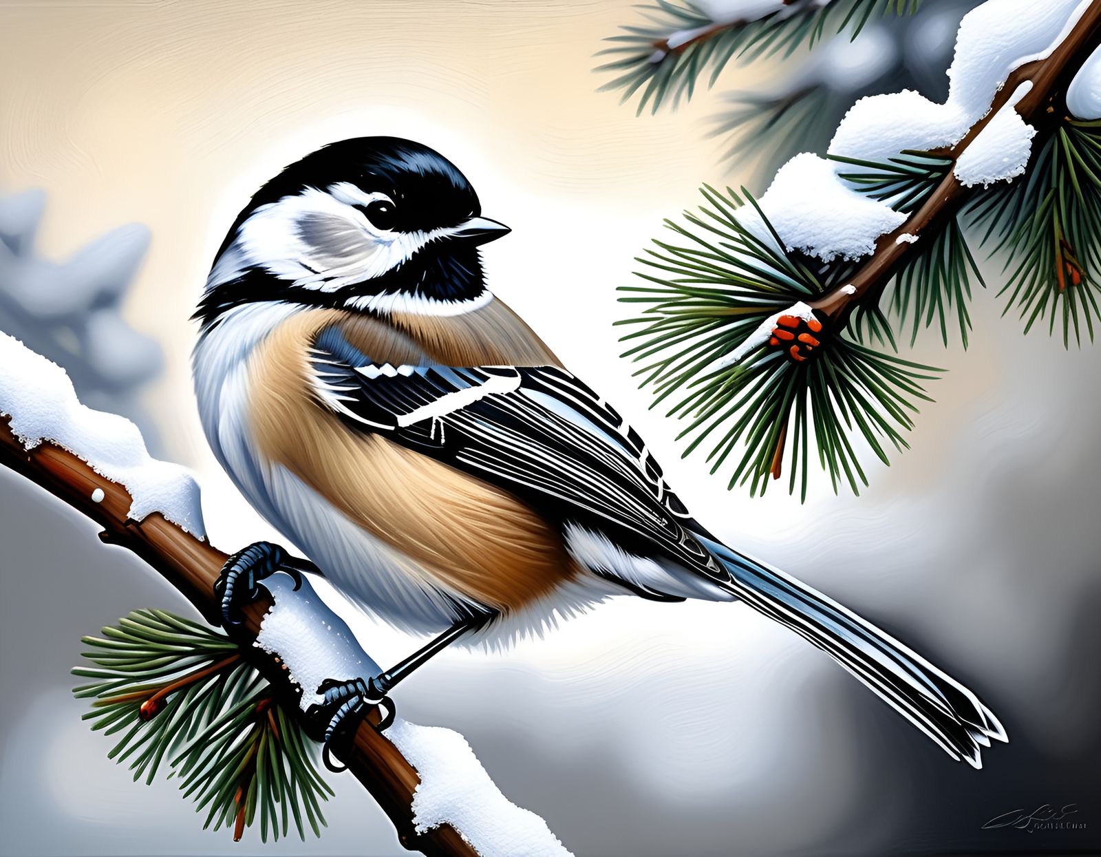 Chickadee on Snowy Branch: Oil Painting