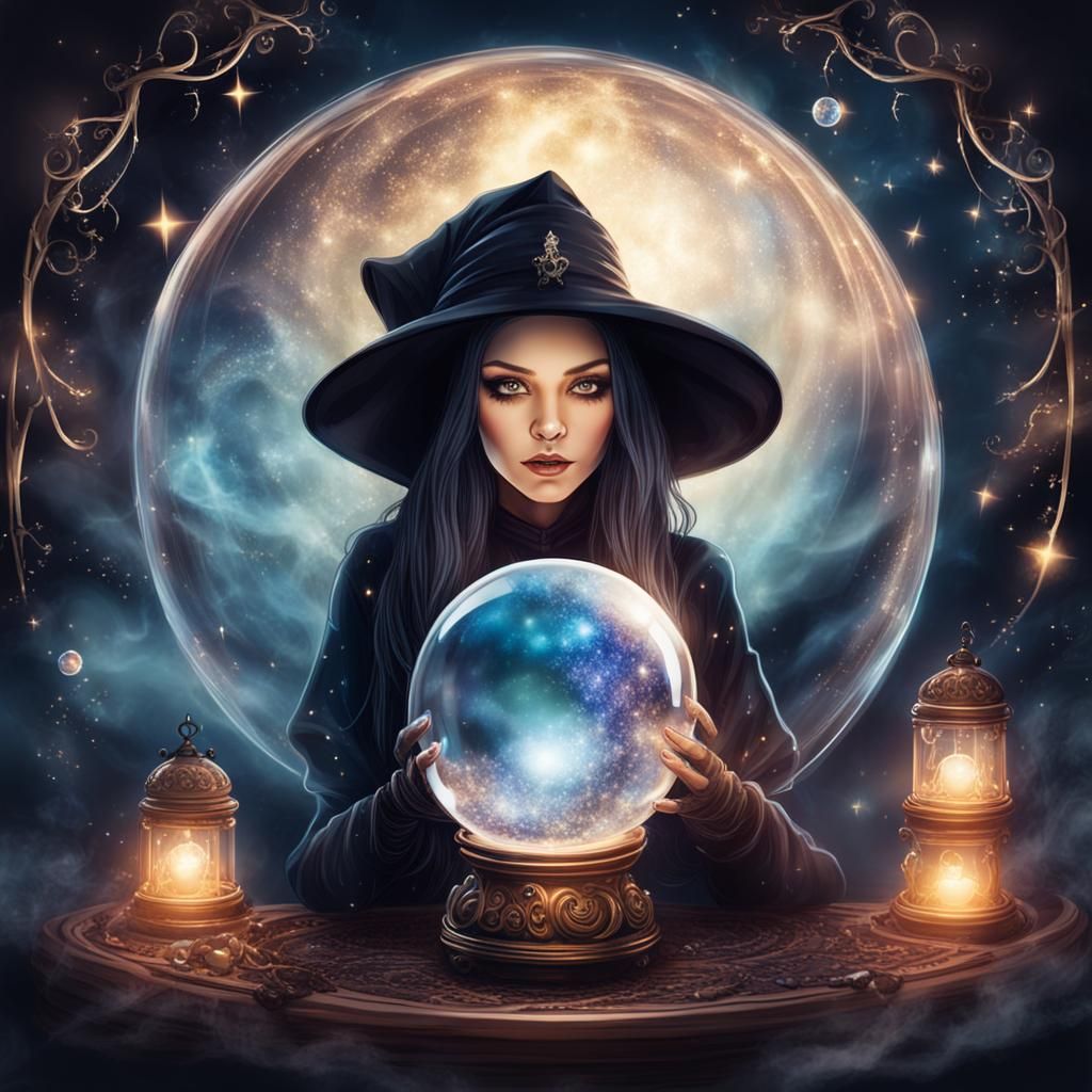 Enchanting Witch Gazing into Crystal Ball