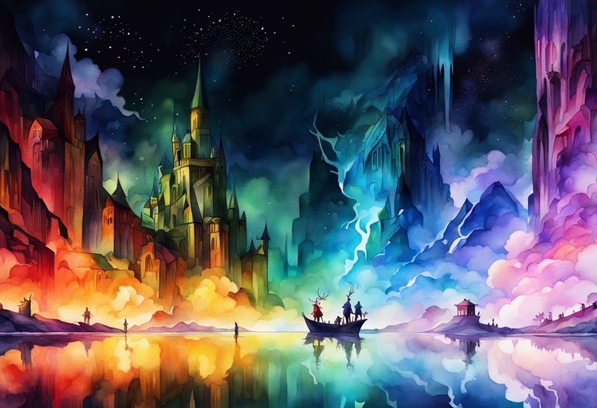 Magical Creatures in Vibrant Watercolor Cubist Fantasy