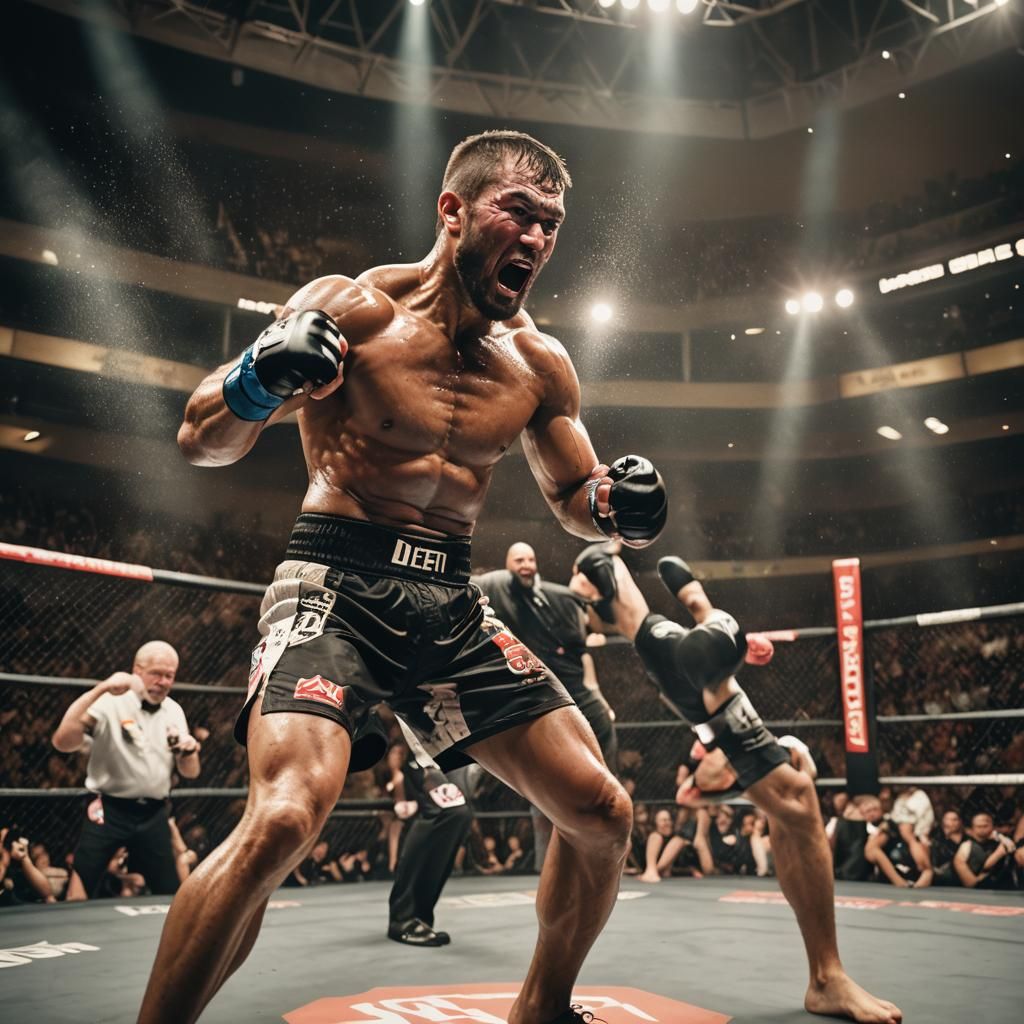 MMA Fighter Mid-Kick in Octagon, DSLR Capture