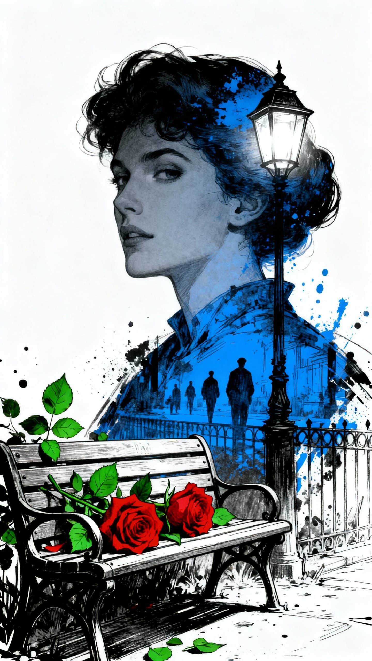 Monochrome Double Exposure: Roses on Park Bench