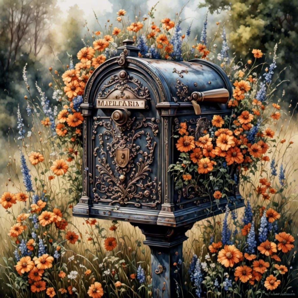 Victorian Mailbox Surrounded by Wildflowers in Watercolor St...