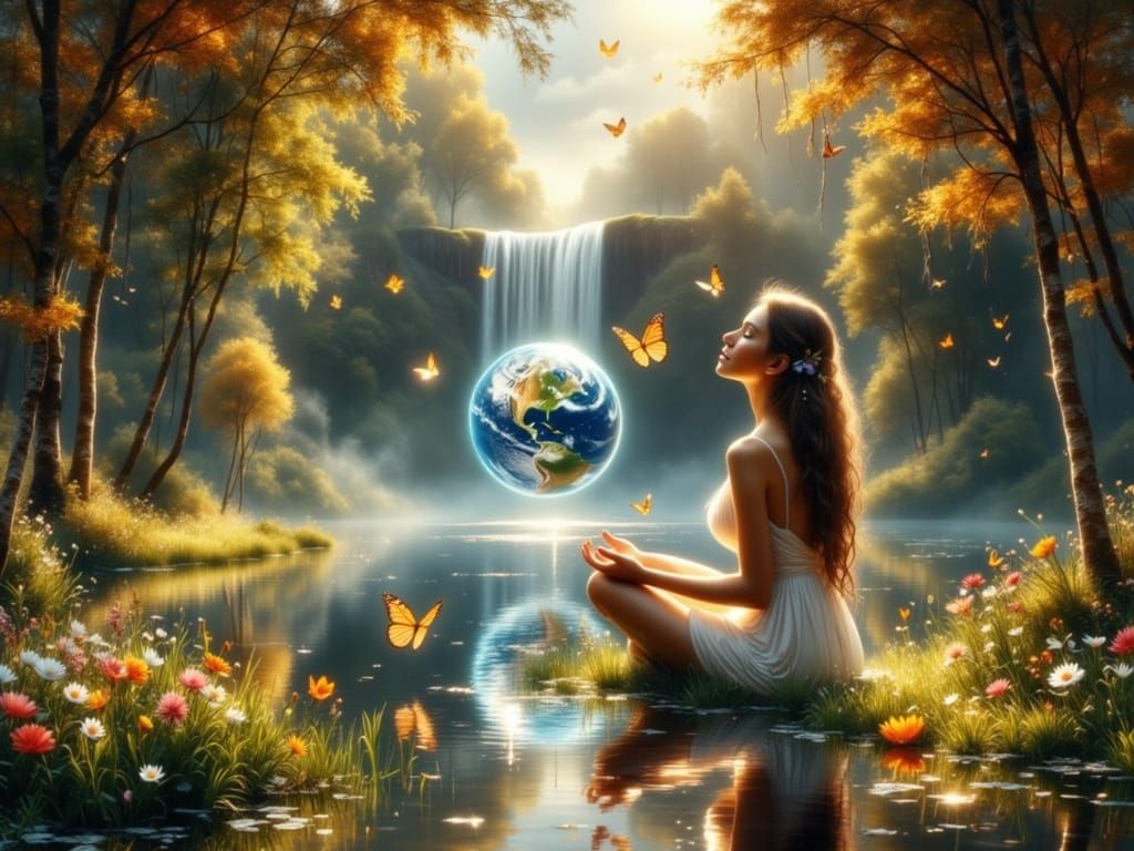 Serene Woman Meditating with Glowing Earth, Digital Painting