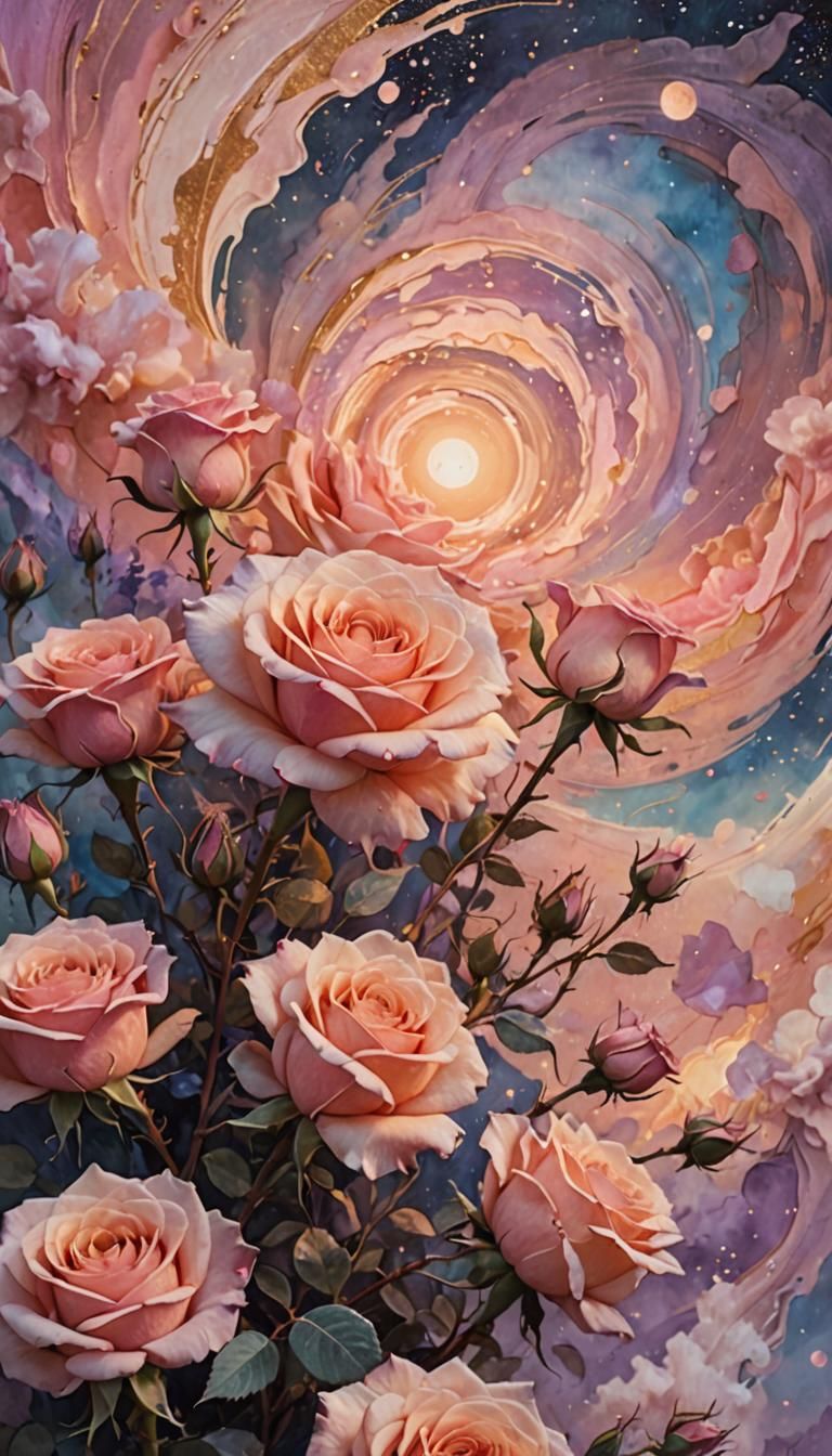 Astral Sunset with Roses in Mixed Media Style