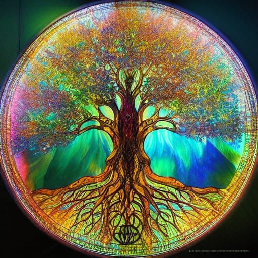Holographic Stained-Glass Tree of Life Art