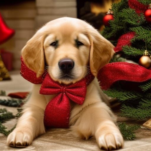 Golden Retriever Puppy's Christmas Nap by Fireplace