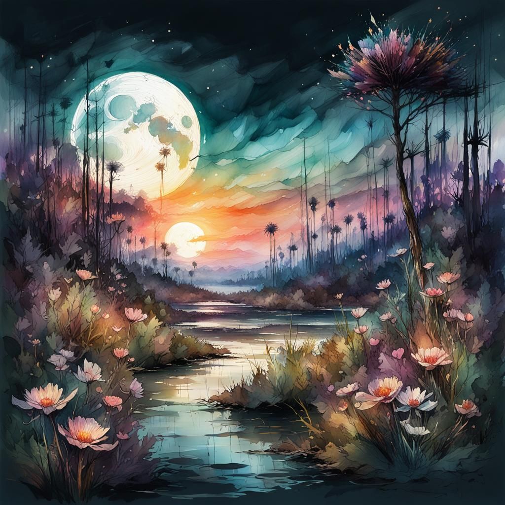 Floral Moonlit Glade in Digital Watercolor Style