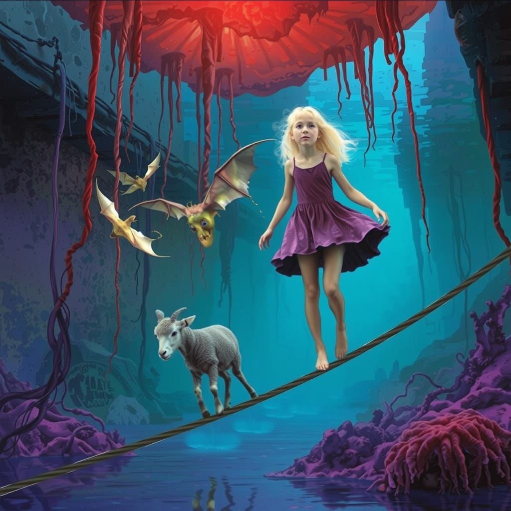 Surreal Girl and Lamb in Bioluminescent Cavern