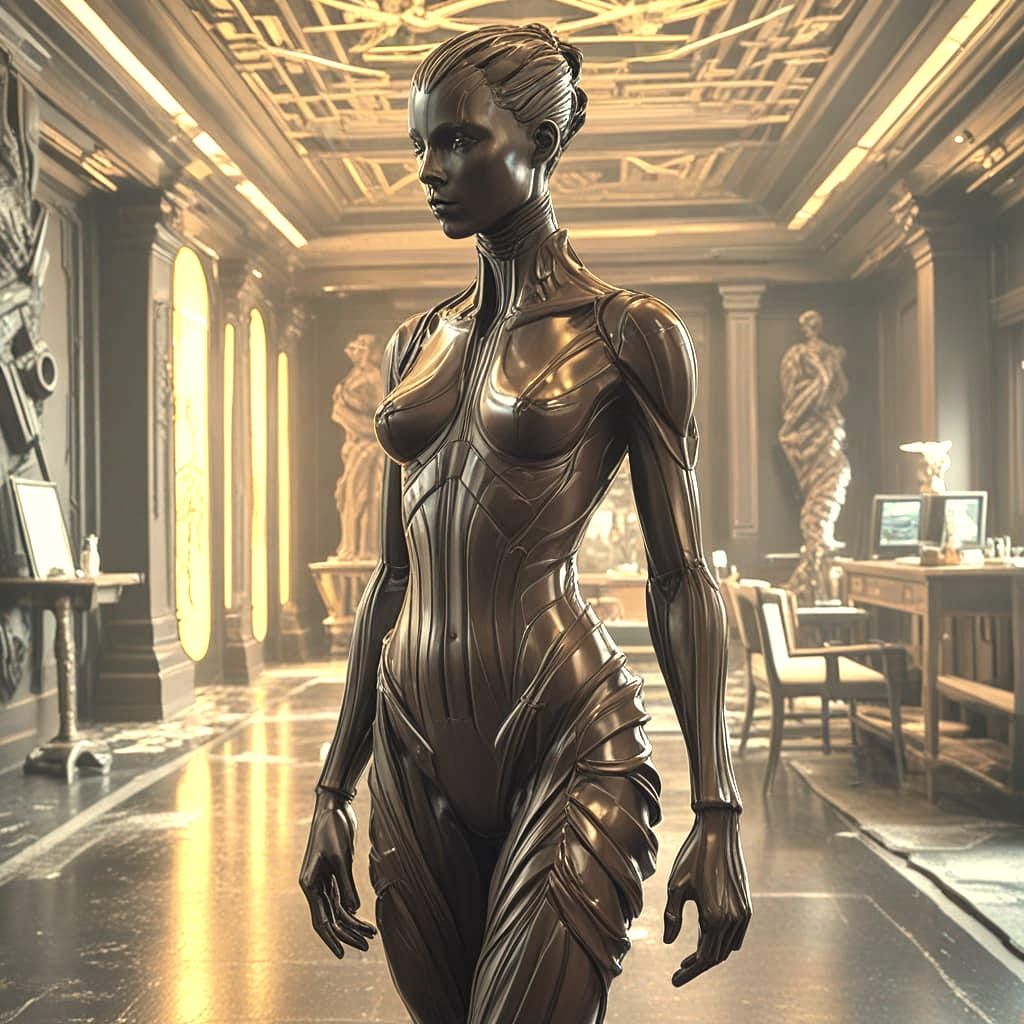 Futuristic Chocolate Statue in Cyberpunk Room