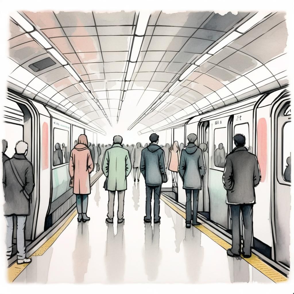 Metro Platform Line Drawing with Watercolor Accents