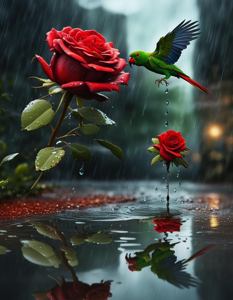 Sad Girl and Rose in Rainy Late Afternoon