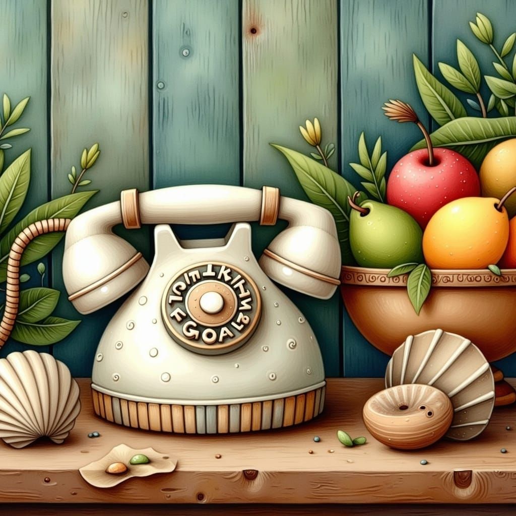 Stone Phone with Shell Receiver, Naive Illustration