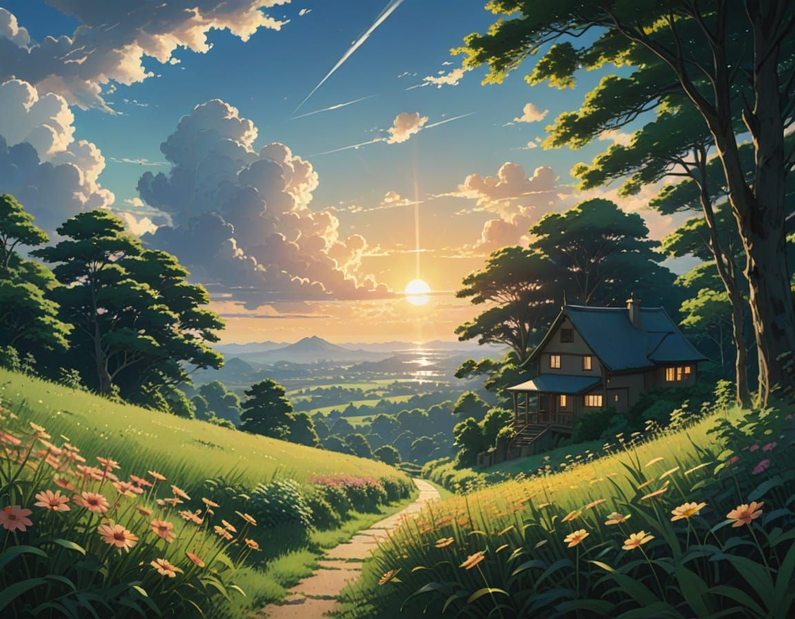 Serene Forest Sunset Path with Blooming Flowers