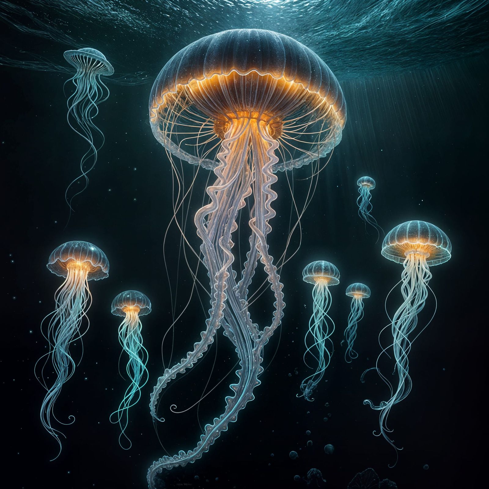 Bioluminescent Jellyfish in an Alien Ocean, Digital Art Mast...