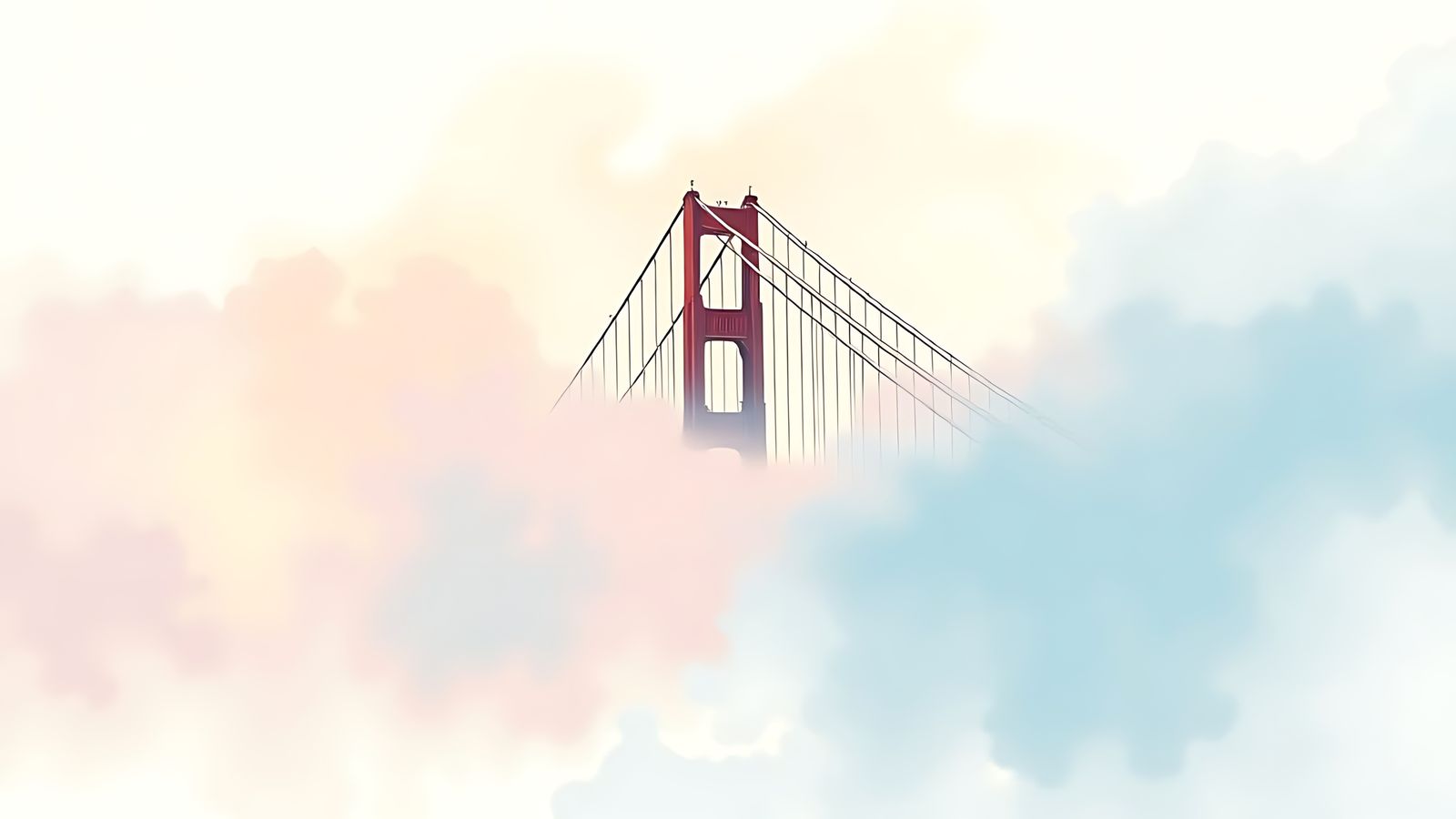 A coloured chalk sketch of an extremely long suspension bridge hanging in the sky, both ends vanishing into a thick, mur...