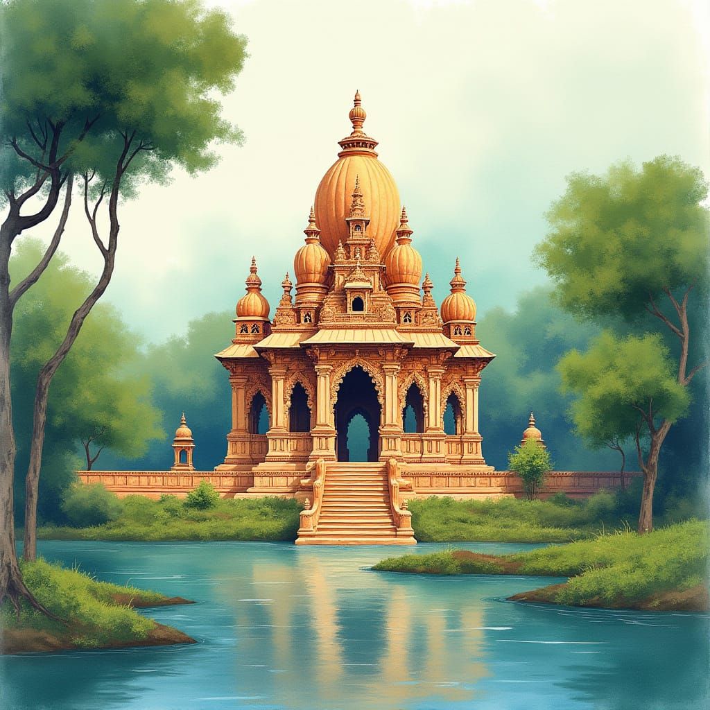 Ethereal Indian Temple in Dreamy Watercolor Style