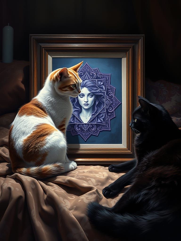 Cat Gazes at Diamond Painting in Dramatic Cinematic Light
