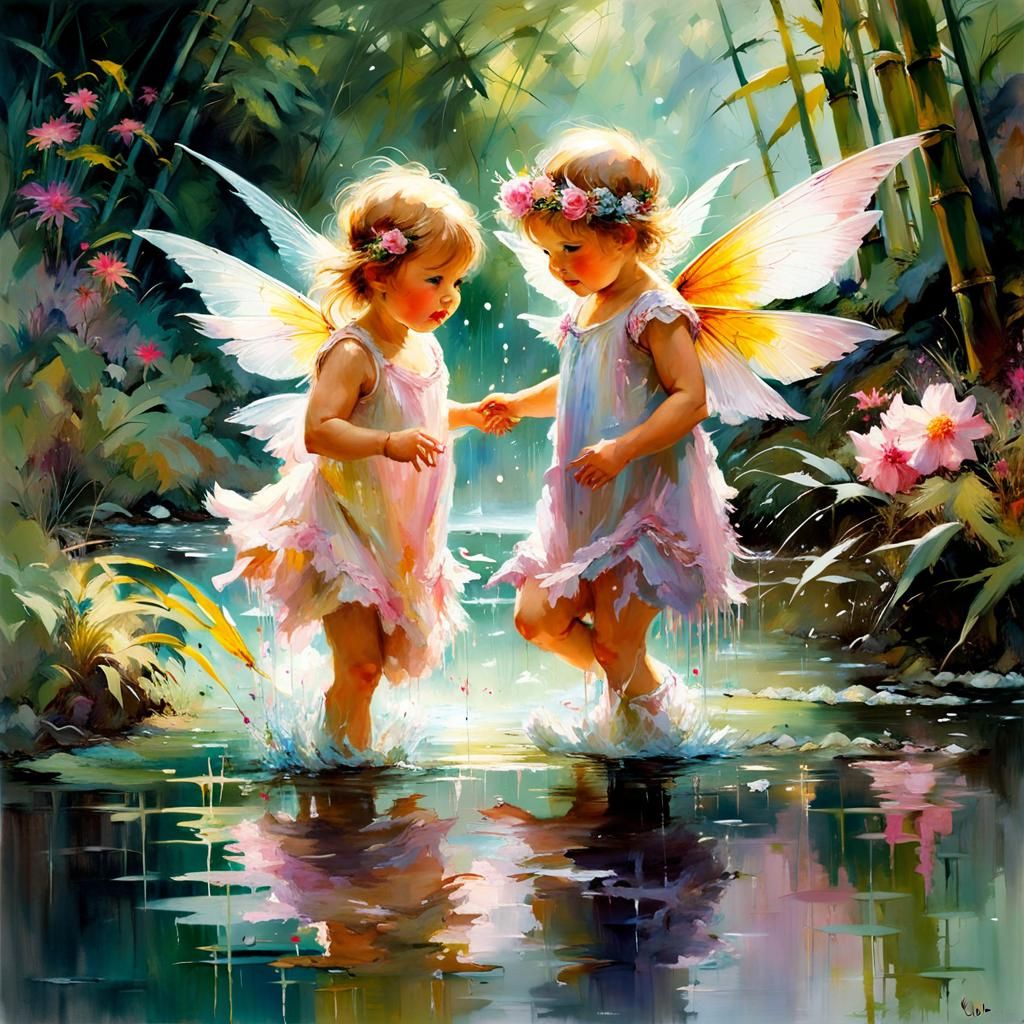 Cute Fairy Toddlers Play by Waterfall