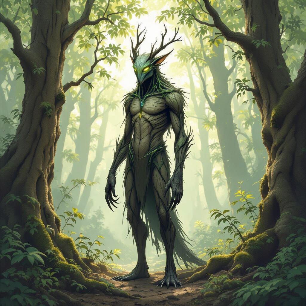 Reclusive Bark-Skinned Forest Creature in Dappled Sunlight