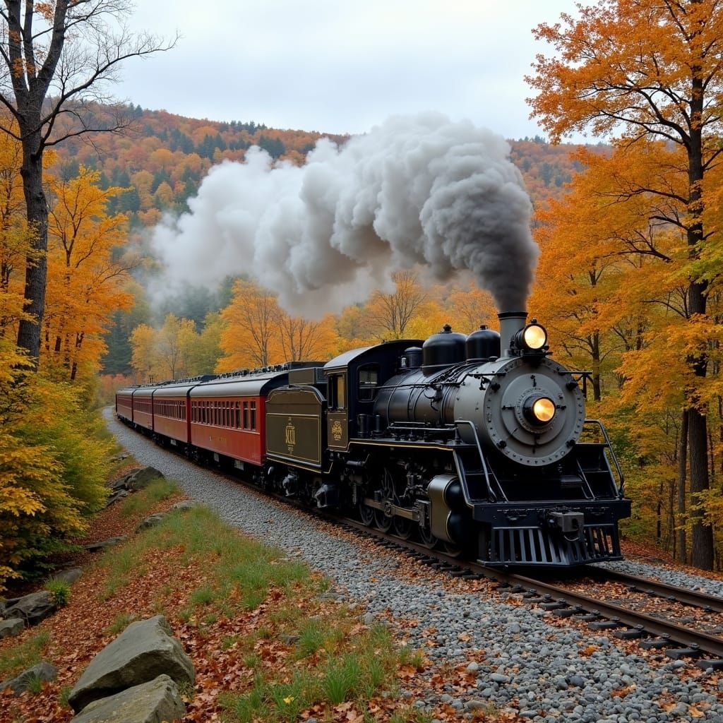 A restored steam locomotive and passenger train.  It is trav...