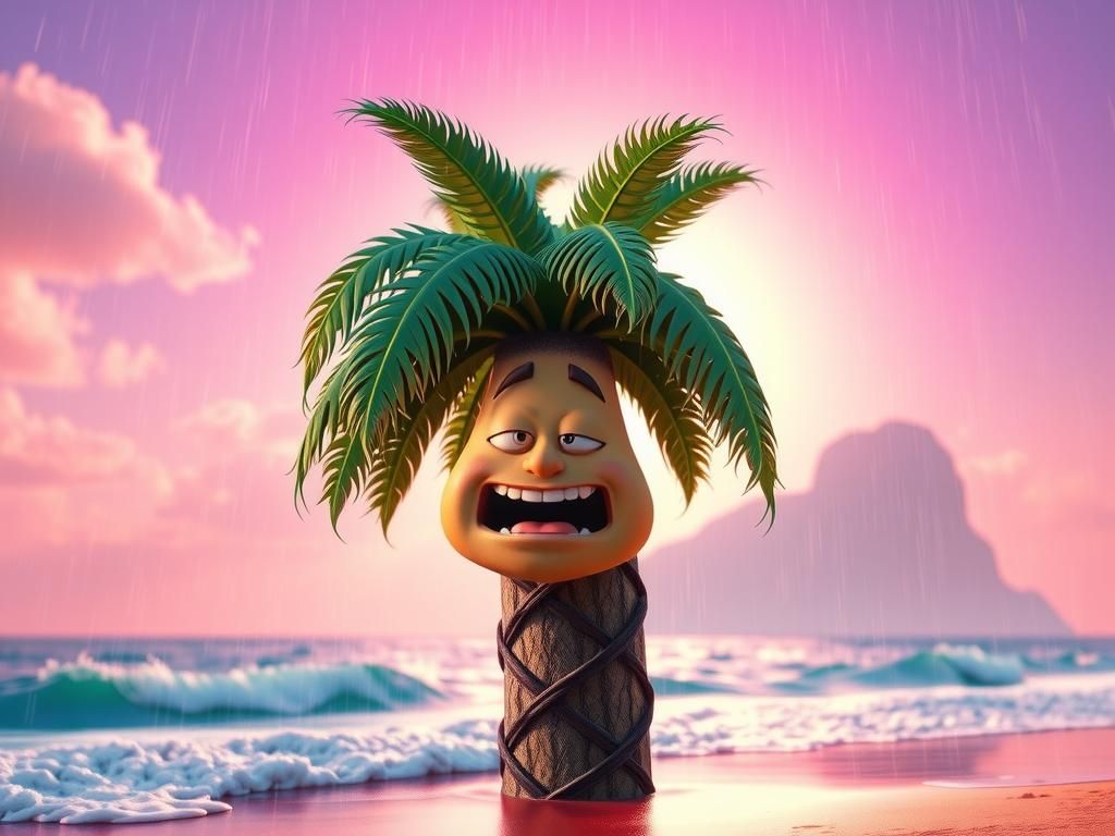 Singing Palm Tree on Tropical Beach in Pixar Style