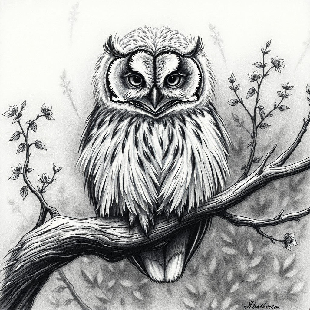 Majestic Owl on Branch in Charcoal Drawing Style