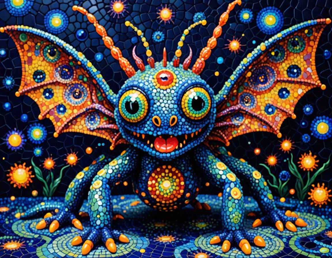 Whimsical Dragon Spider in Pointillist Style