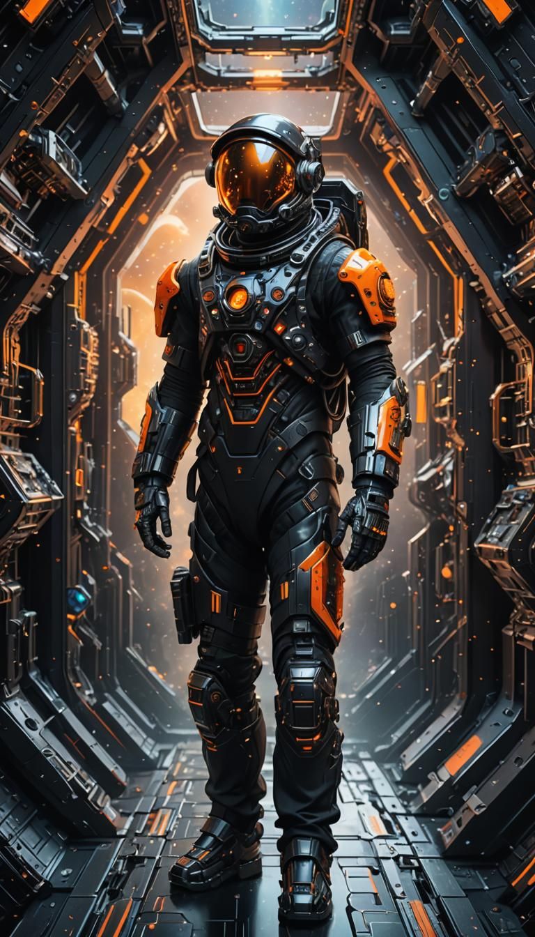 Biomechanical Astronaut Among Multicolored Crystals: Digital...