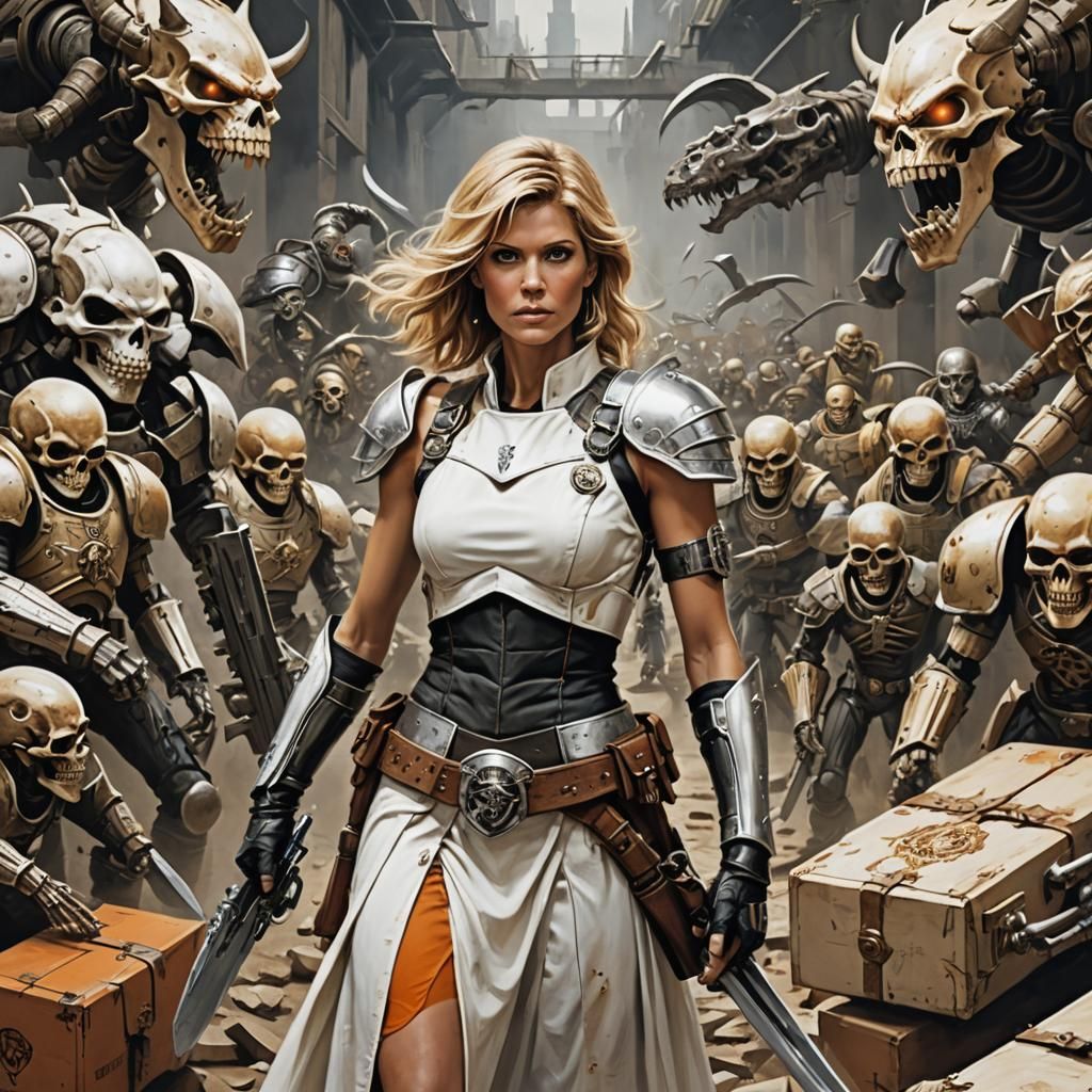 Blonde Warrior in 1970s Style with Dagger and Shield