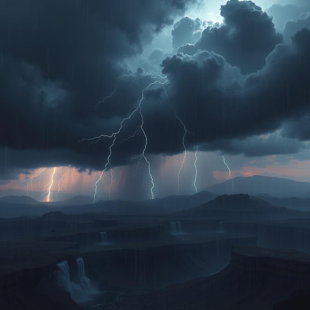 Dramatic Stormy Landscape with Lightning, Detailed Matte Pai...