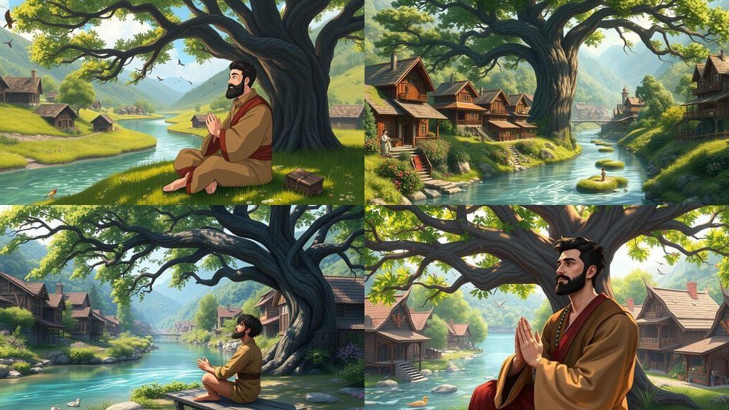 Idyllic Village Scene in Vibrant Anime Style