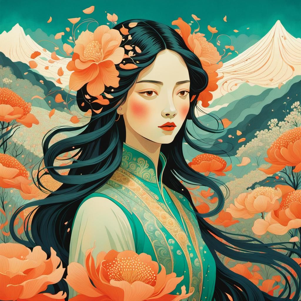 Art style of Victo Ngai, Graceful woman with expensive eyes in a elegant attire, enveloped by a storm of delicate mult...