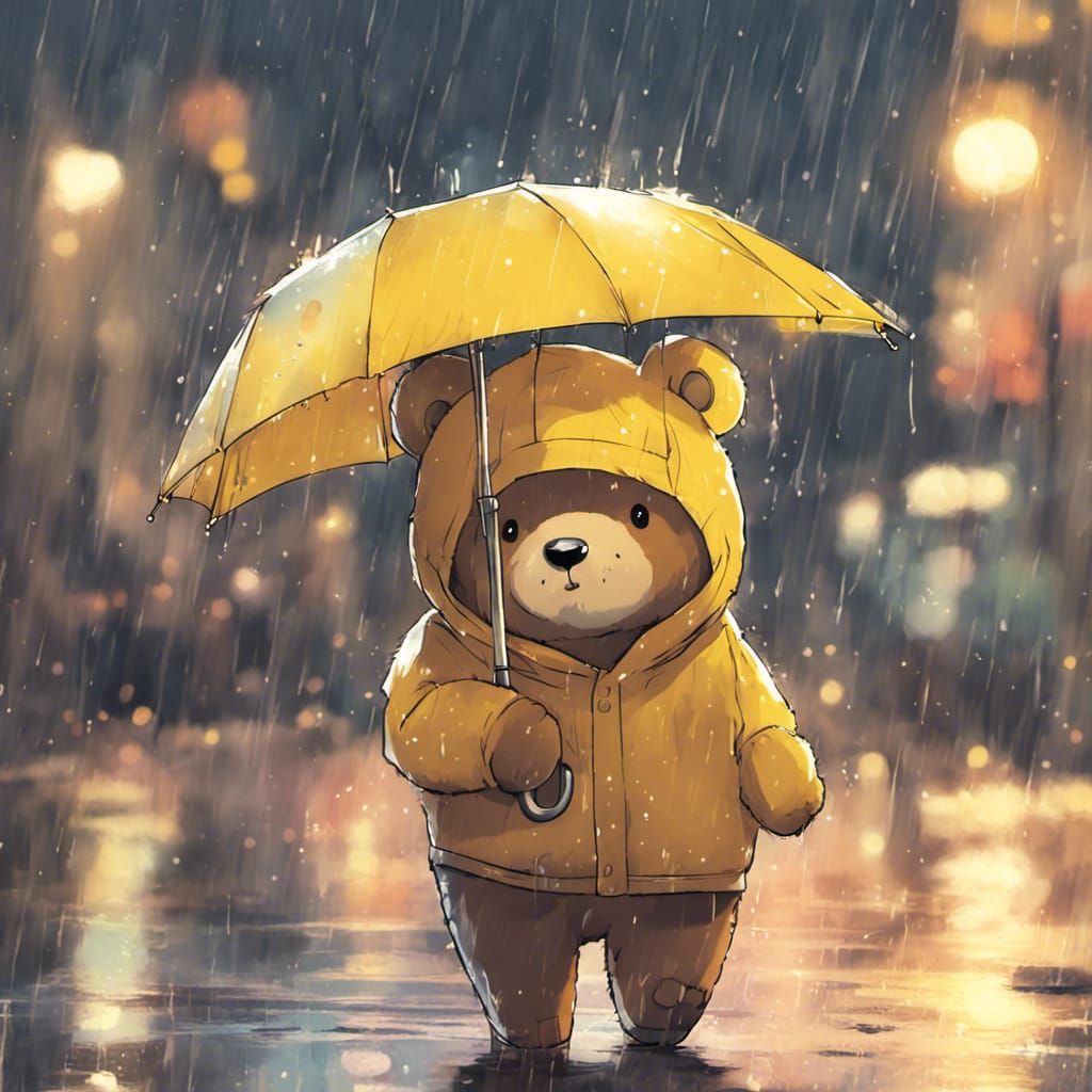 Cute Bear with Umbrella in Rainy Anime Style