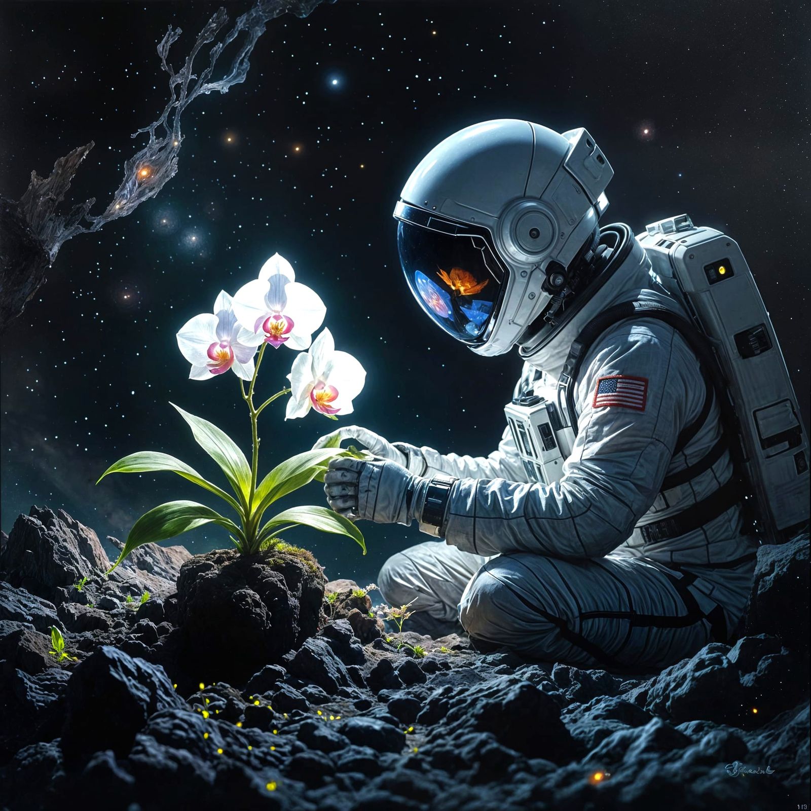 Lone Botanist Tends Bioluminescent Orchid on Asteroid in Neb...