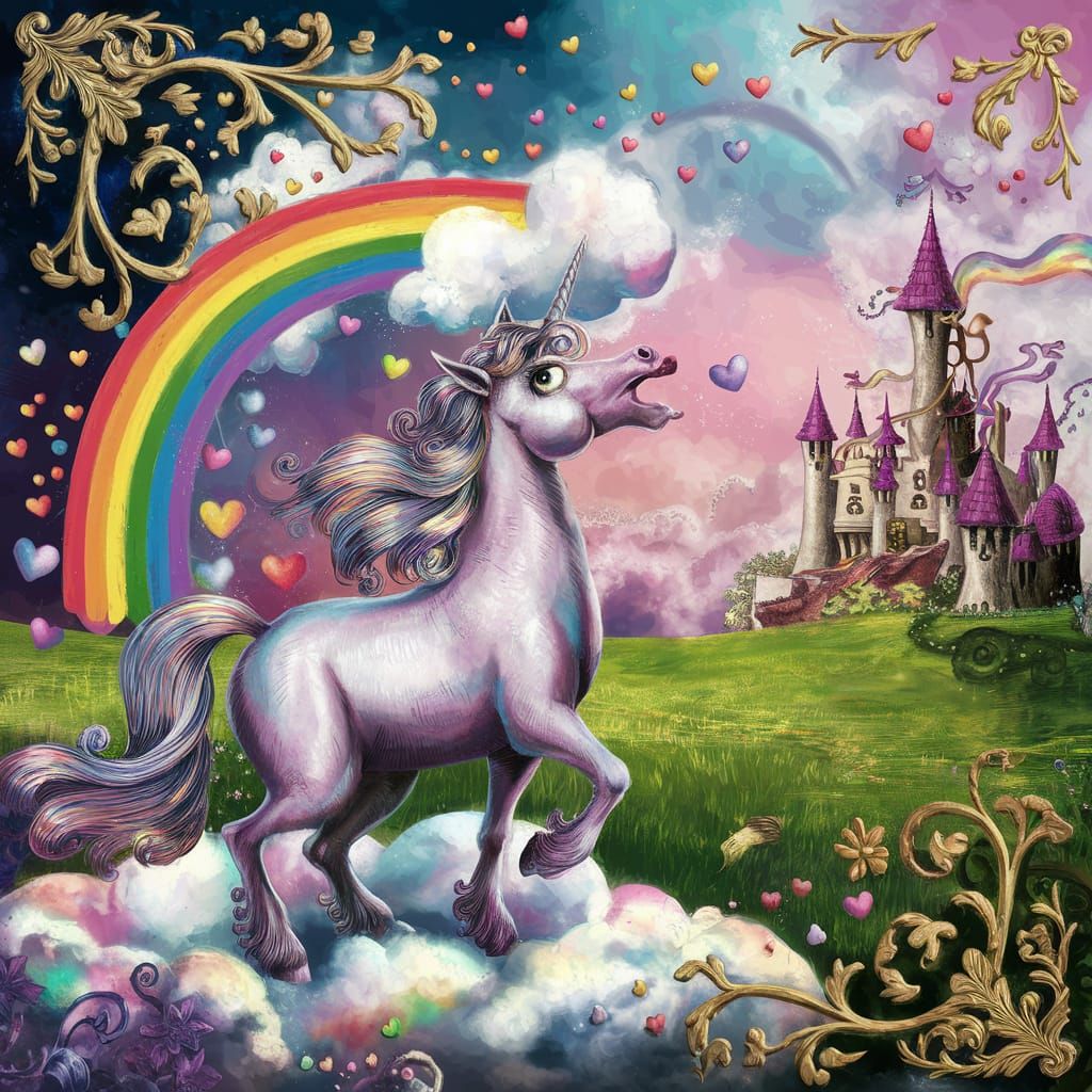Unicorn Eating Rainbow in Fantasy Landscape