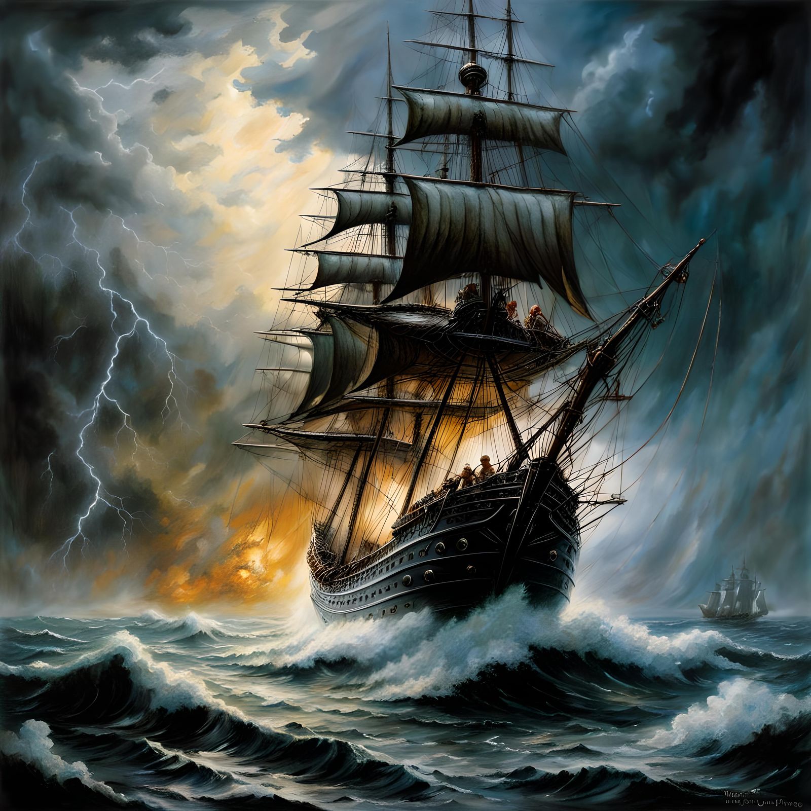 Tall Ship Sailing Through Thunderstorm in Dark Fantasy Style