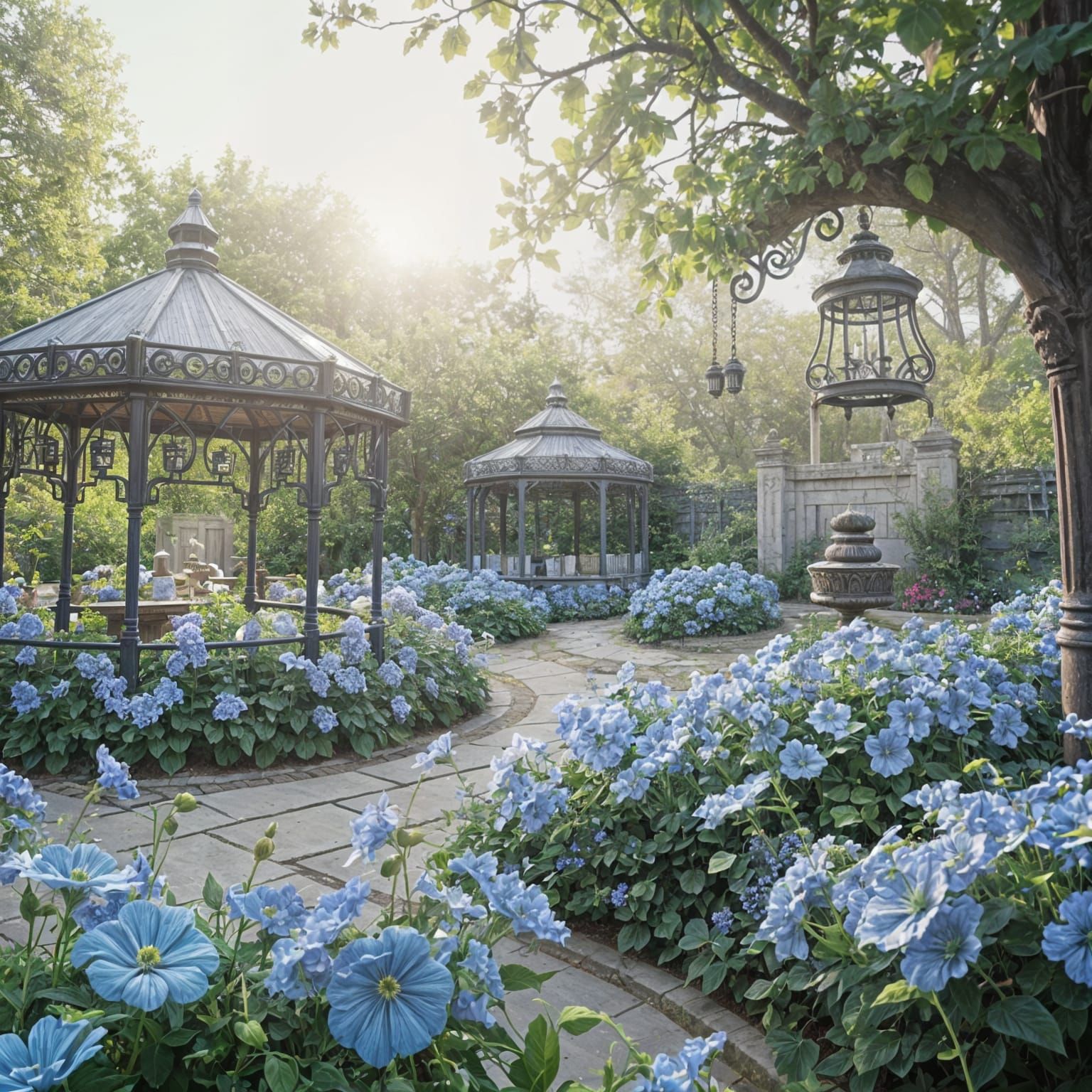 A dreamlike indigo-themed botanical garden bathed in soft tw...