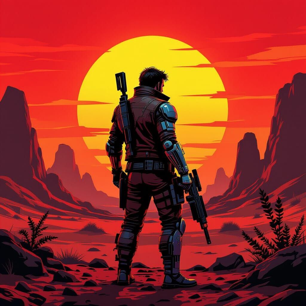 Bounty Hunter Silhouette on Alien Planet in Graphic Novel St...