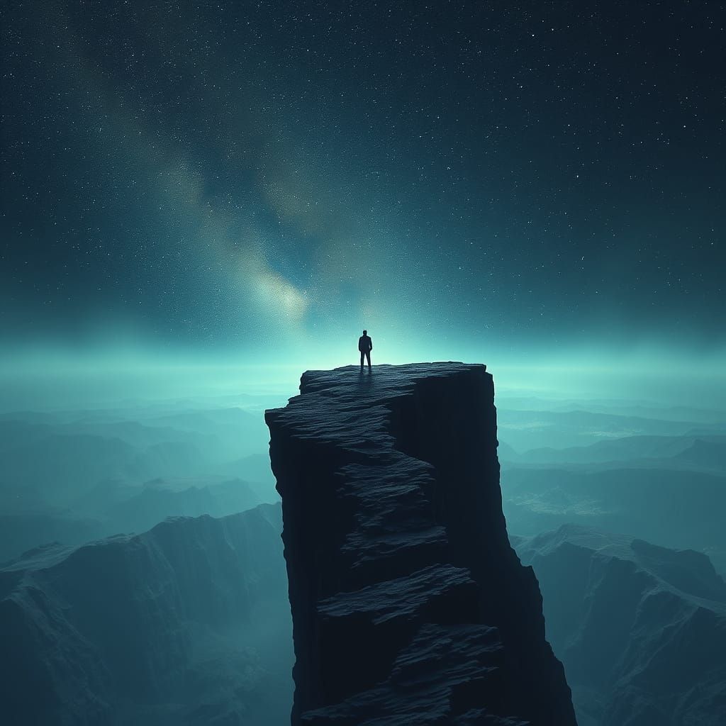 Surreal Figure Contemplates Abyssal Void in Dark, Moody Land...