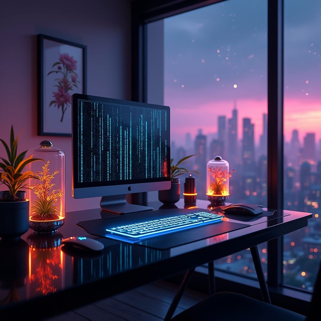 Cyberpunk Workspace Illuminated by Neon Hues